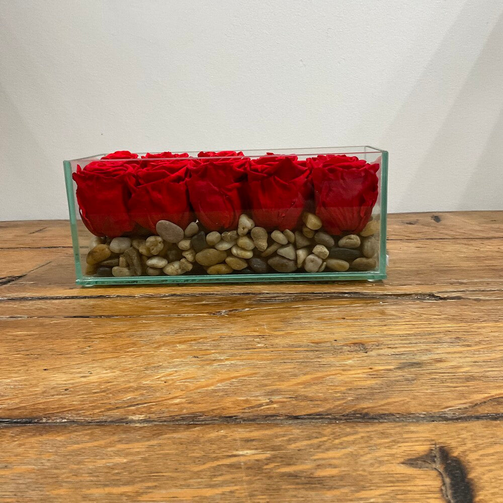10 Red Preserved Roses in Glass Vase with River Rock