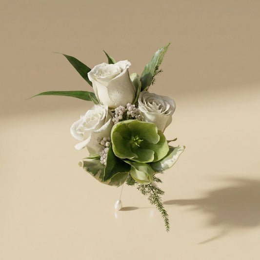 Elegant White Rose & Greenery Wedding Boutonniere with Pearl Pin