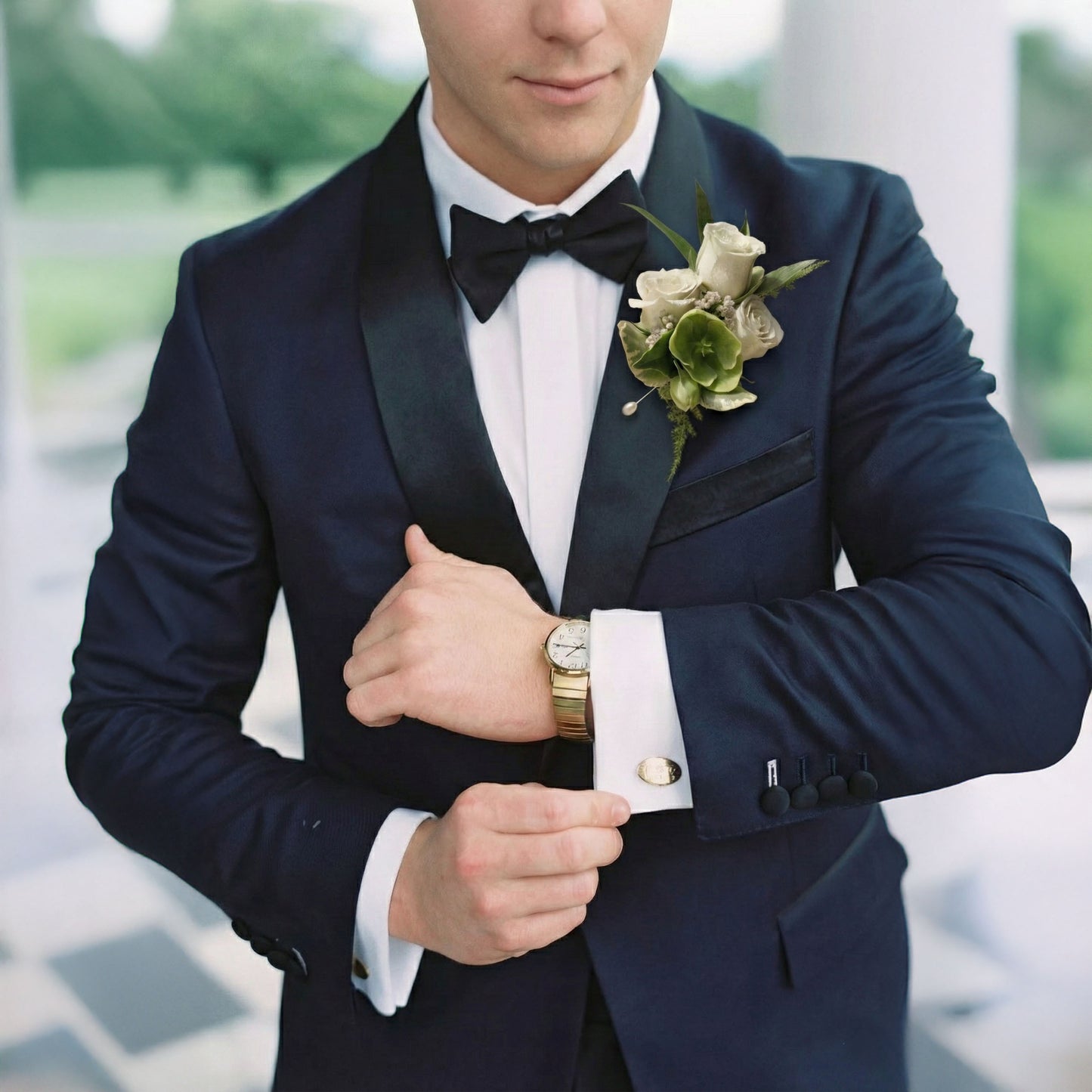 Elegant White Rose & Greenery Wedding Boutonniere with Pearl Pin