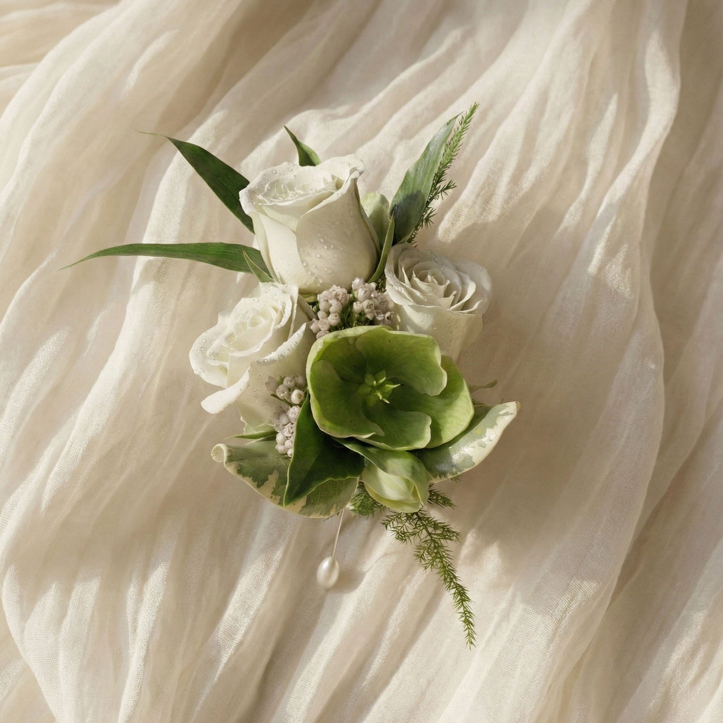 Elegant White Rose & Greenery Wedding Boutonniere with Pearl Pin