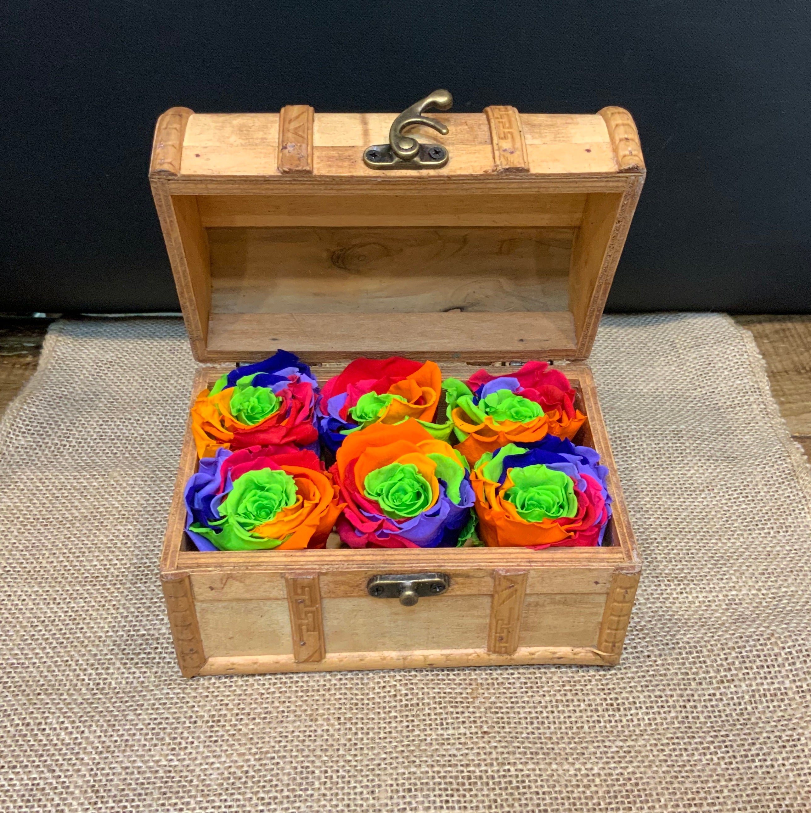 6 Preserved Rainbow Roses in Wooden Treasure Box