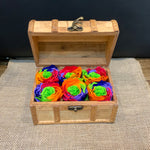 6 Preserved Rainbow Roses in Wooden Treasure Box