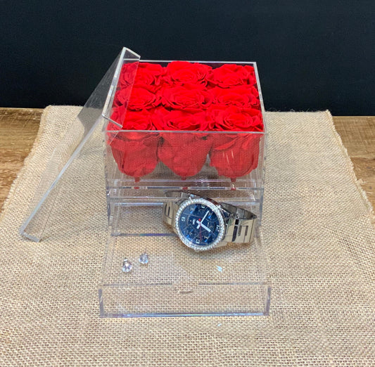 9 Preserved Roses in a Lucite Jewelry Box