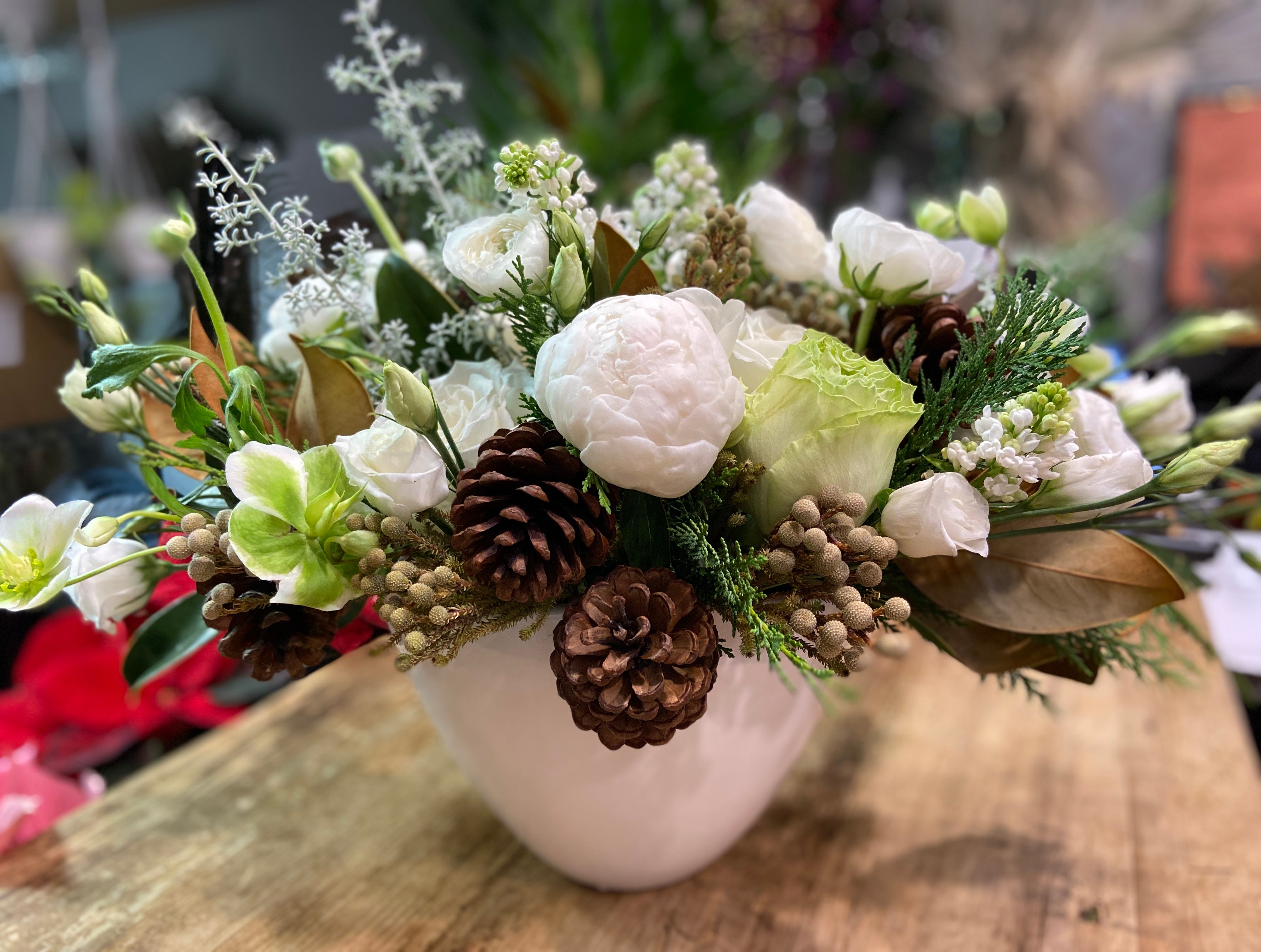 Winter Wonderland- with Peonies, Ranunculus, Hellebore and Christmas Greens