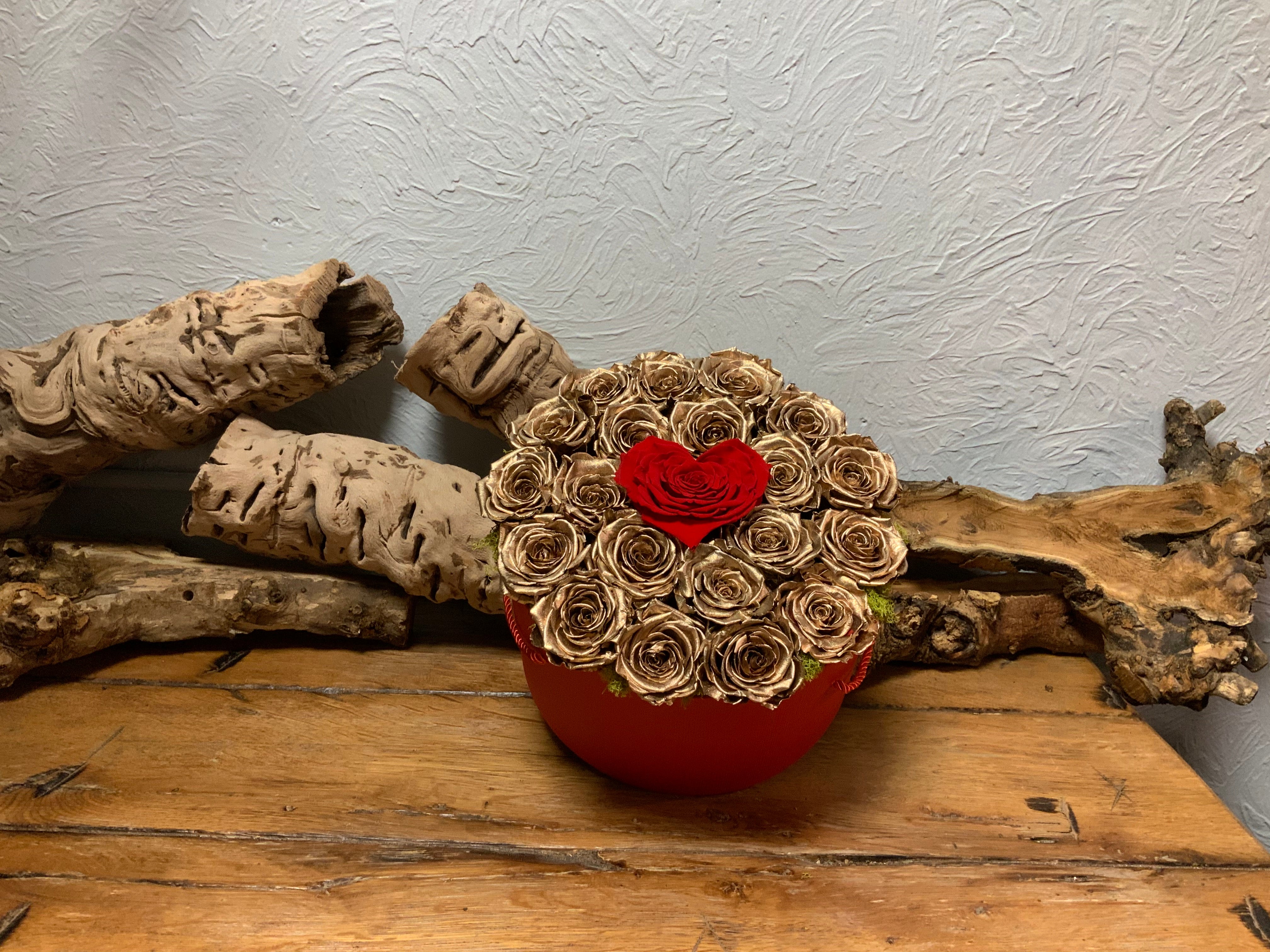 Gold Preserved Roses with Heart Center in Red Hat Box