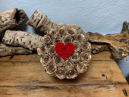 Gold Preserved Roses with Heart Center in Red Hat Box