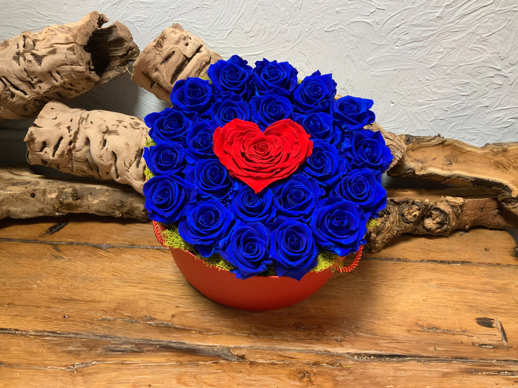 Royal Blue Preserved Roses with Heart Center in Red Hat Box