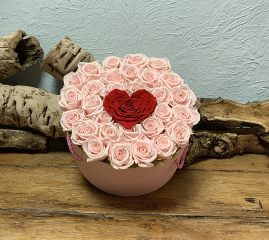 Pink Preserved Roses with Heart Center in Pink Hat box