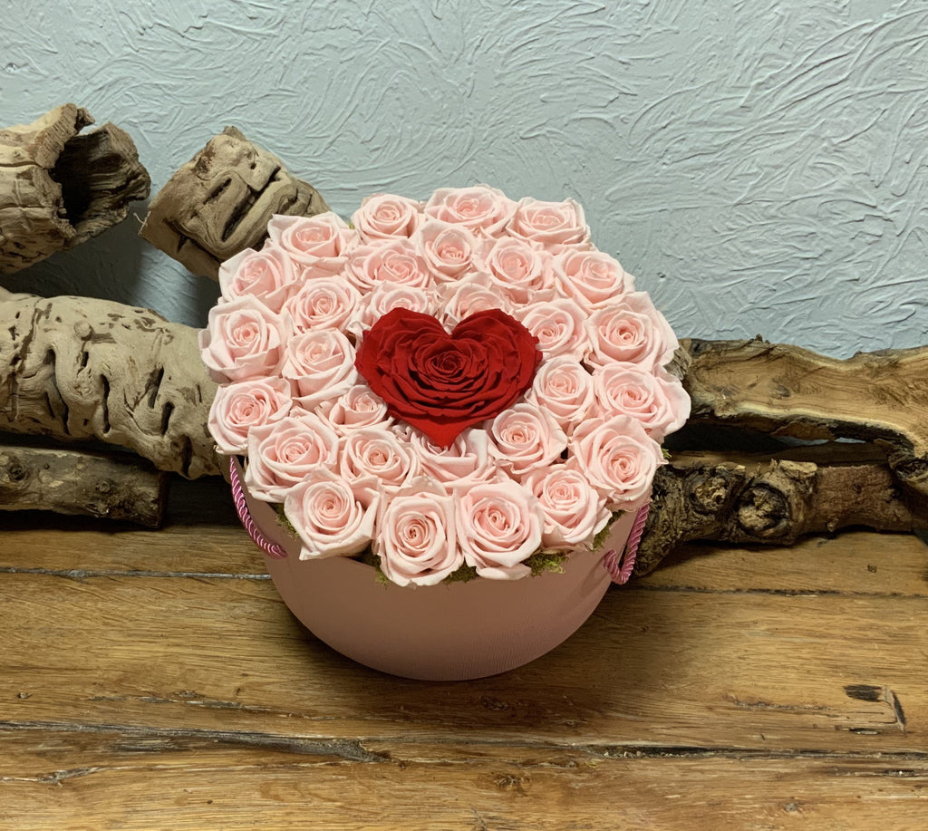 Pink Preserved Roses with Heart Center in Pink Hat box