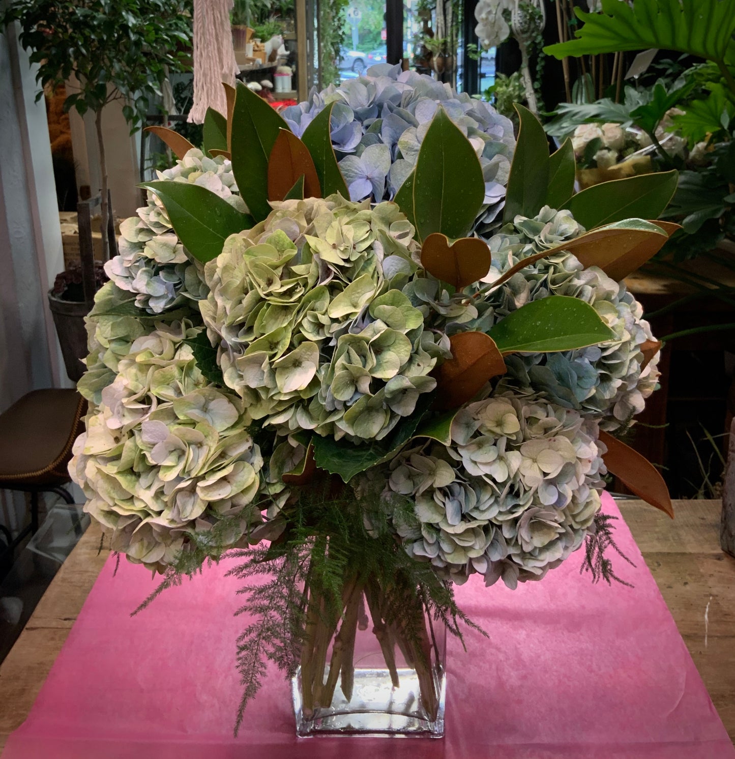 Antique Blue Hydrangeas with Magnolia Leaf