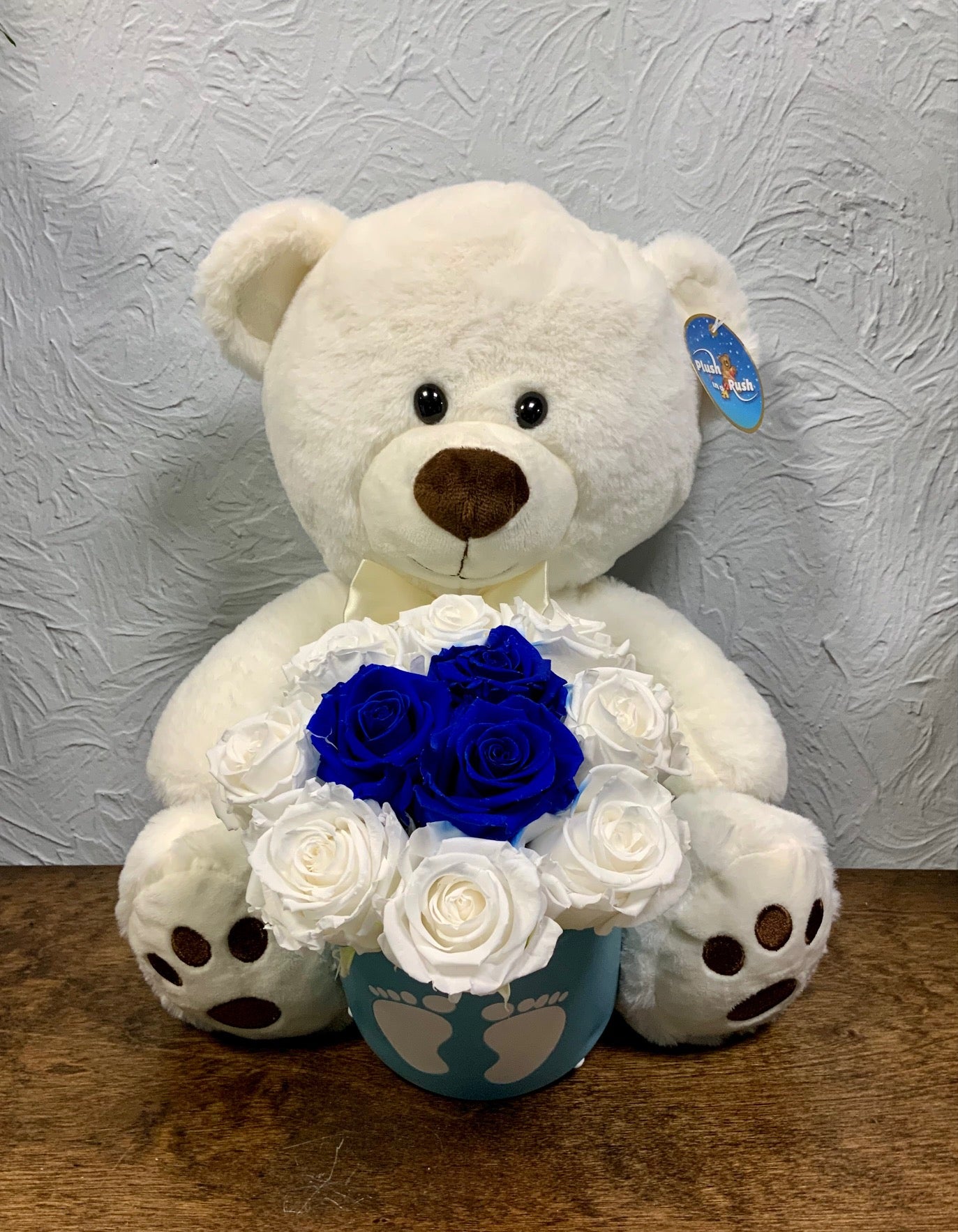 Baby Boy Teddy Bear with Preserved Roses