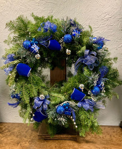 Festive Fun Wreath with Blue Ribbon and Ornaments