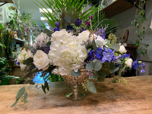 Rejoice- featuring Hydrangea, Anemones, Eucalyptus and Spray Roses in a Silver Goblet