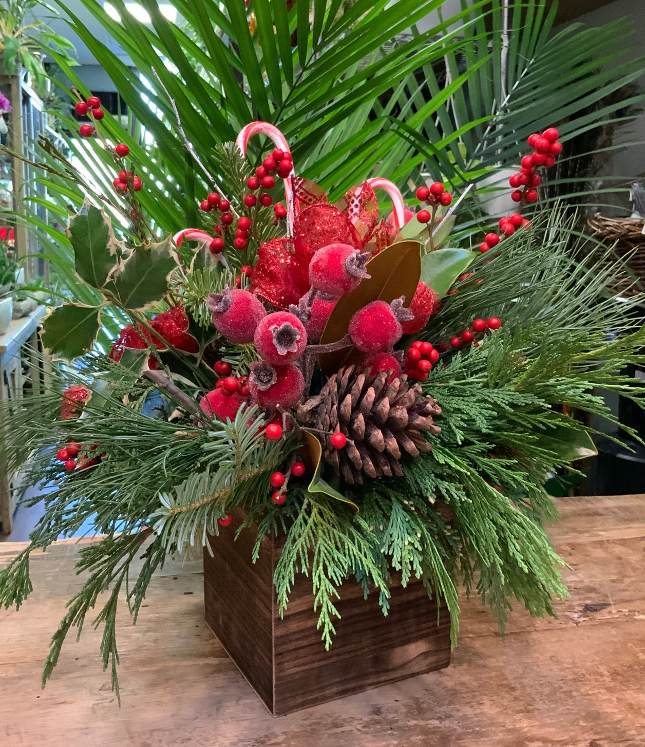 Candy Cane Lane- Christmas Greens with Pinecones, Berries and Magnolia Leaves in a Wooden Container