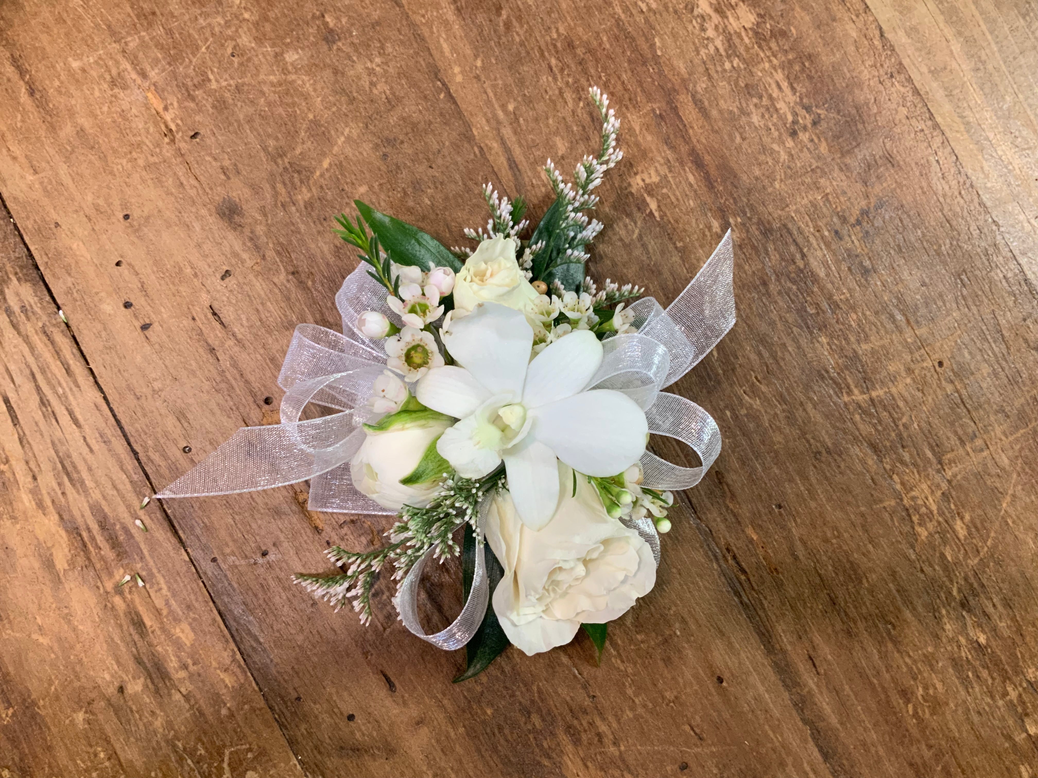 White Wristlet Corsage WITH Rhinestones — Orchard Hills Floral & Gifts
