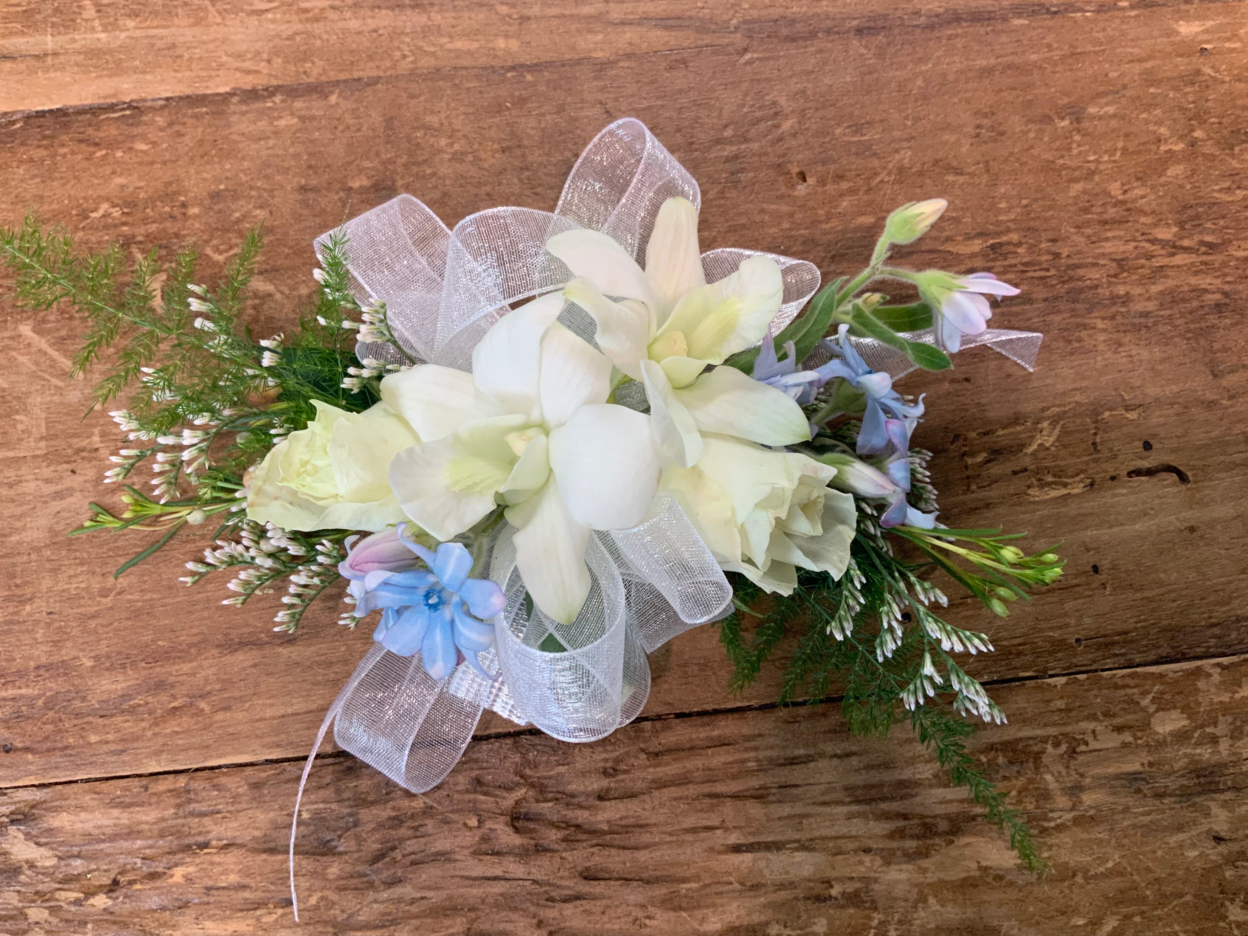 Wristlet Corsage White and Blue – Floral Petals of Westchester