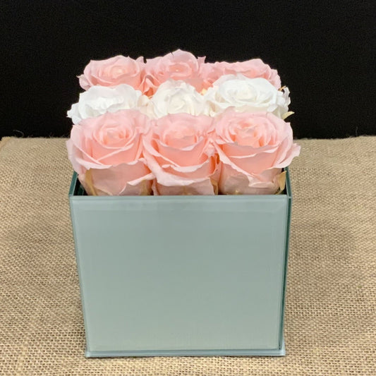 9 Preserved Roses in Beveled Glass Cube
