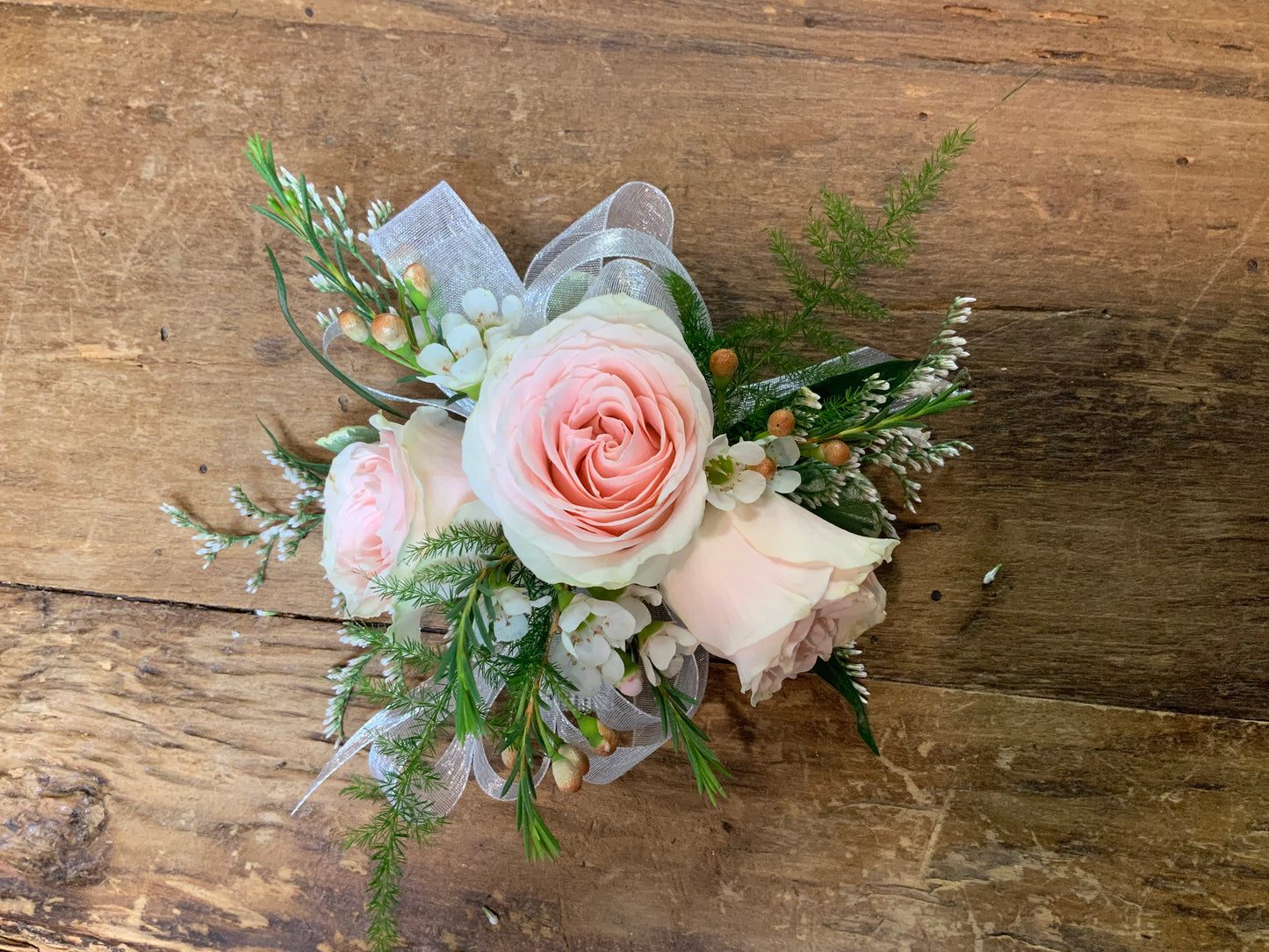Wristlet Corsage Blush and White Spray Roses