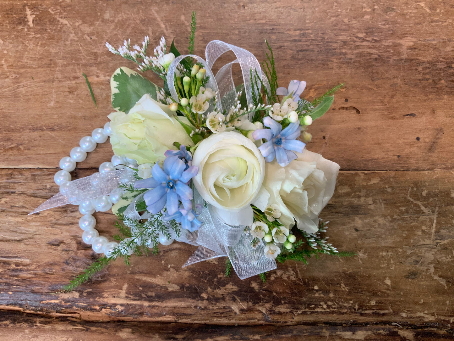 Wristlet Corsage White and Blue Pearl Bracelet