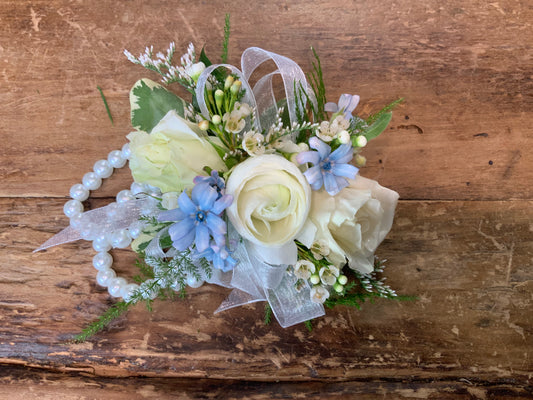 Wristlet Corsage White and Blue Pearl Bracelet