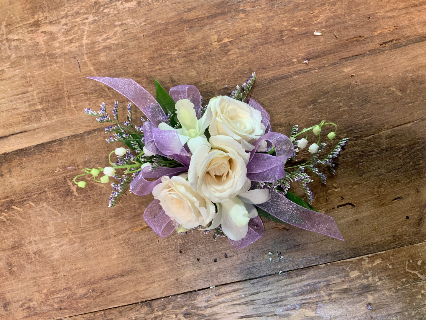 Wristlet Corsage Lavender Ribbon and White Spray Roses