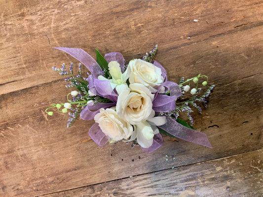 Wristlet Corsage Lavender Ribbon and White Spray Roses